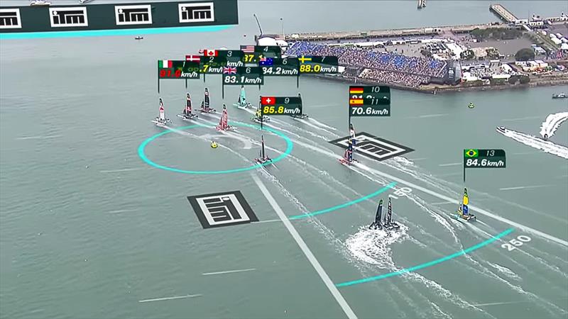 Red Bull Italy, lead off from Mark 1 in Race 3, leaving NZL and FRA at the 200 metre mark - ITM NZ SailGP - February 14, 2026 photo copyright SailGP taken at Royal New Zealand Yacht Squadron and featuring the F50 class