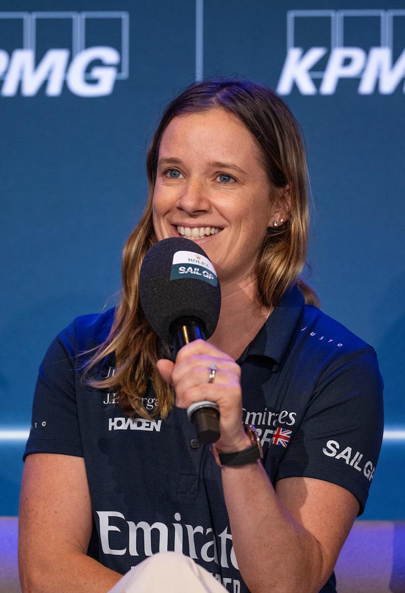 Hannah Mills, strategist of Emirates Great Britain SailGP Team, speaks to the media in a pre-event press conference ahead of the KPMG Australia Sail Grand Prix in Sydney, Australia - photo © Andrew Baker for SailGP