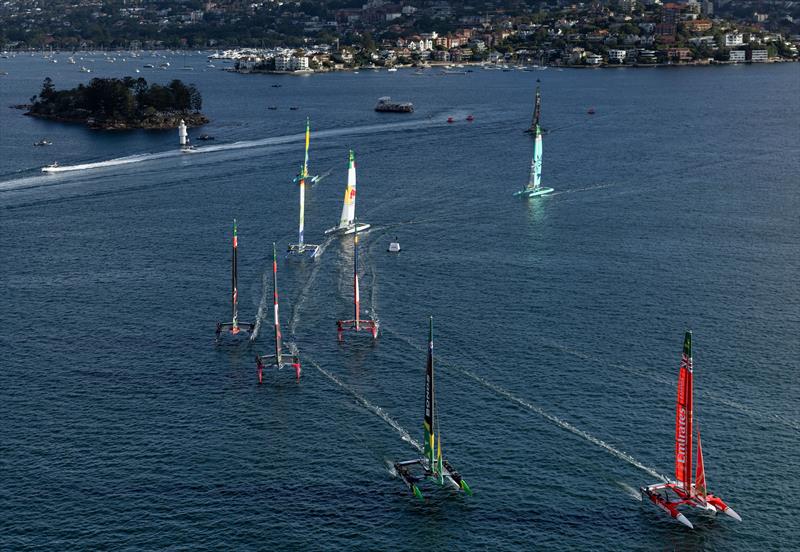 The SailGP fleet led by Emirates Great Britain SailGP Team helmed by Dylan Fletcher ahead of BONDS Flying Roos SailGP Team on Race Day 1 of the KPMG Australia Sail Grand Prix in Sydney, Australia - photo © Felix Diemer for SailGP