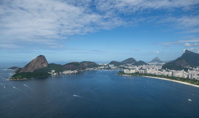 Course location for Race Day 1 of the ENEL Rio Sail Grand Prix. The Atlantic Ocean is visible is the other side of the Rio landmass - Rio de Janeiro, Brazil - Day 1 -  11 April . Rolex SailGP Championship Event 4 Season 6  photo copyright Ricardo Pinto/SailGP taken at Iate Clube do Rio de Janeiro and featuring the F50 class