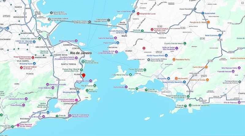 The areas shaded green are high hilly ground - white is lowland containing apartments, houses and office buildings. The grandstand for spectators is marked with the red pin, the airport  can be seen further down the coastal edge - April 2026 photo copyright SailGP taken at Iate Clube do Rio de Janeiro and featuring the F50 class