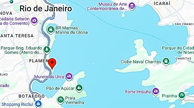 Race area at Botafogo Bay. The grandstand is marked by the red pin. The Sugarloaf is opposite Forte da Large is just visible in the entrance to Guanabara Bay - photo © SailGP