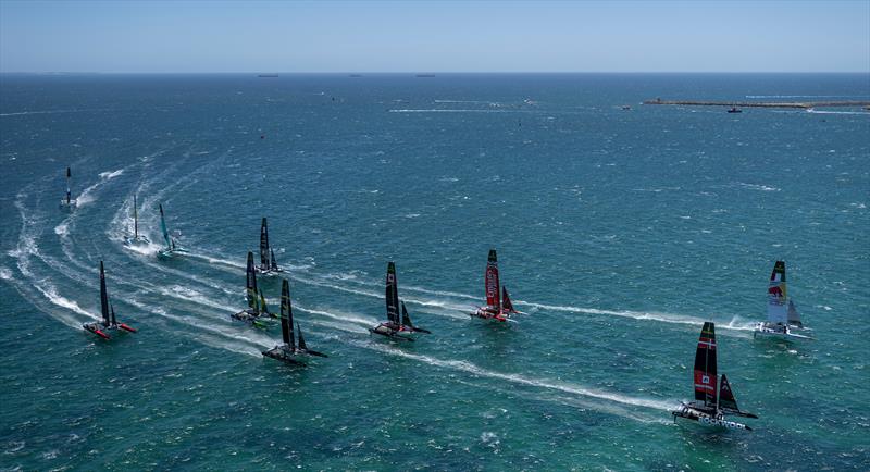 Aerial view of the fleet led by ROCKWOOL Racing SailGP Team helmed by Nicolai Sehested and Germany SailGP Team presented by Deutsche Bank helmed by Erik Kosegarten Heil on Race Day 2 of the Oracle Perth Sail Grand Prix presented by KPMG - photo © James Gourley for SailGP