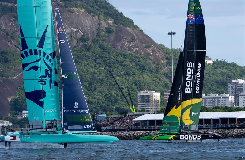 BONDS Flying Roos SailGP Team driven by Tom Slingsby and United States SailGP Team driven by Taylor Canfield in front of the grandstand on Race Day 2 of the ENEL Rio Sail Grand Prix - photo © Jason Ludlow for SailGP