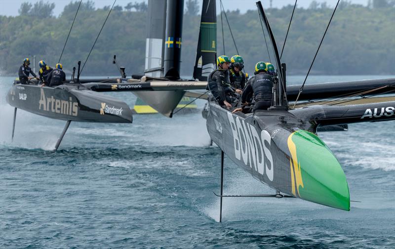 BONDS Flying Roos SailGP Team driven by Tom Slingsby ahead of Artemis SailGP Team driven by Nathan Outteridge during a practice session ahead of the Apex Group Bermuda Sail Grand Prix - photo © Felix Diemer for SailGP