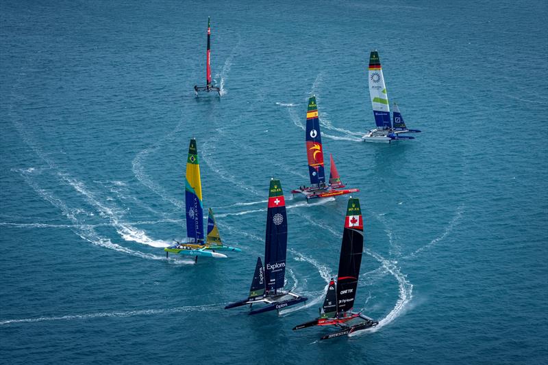 NORTHSTAR SailGP Team driven by Giles Scott races alongside Explora Journeys Swiss SailGP Team driven by Sebastien Schneiter and Mubadala Brazil SailGP Team driven by Martine Grael on Race Day 1 of the Apex Group Bermuda Sail Grand Prix in Bermuda - photo © Bob Martin for SailGP