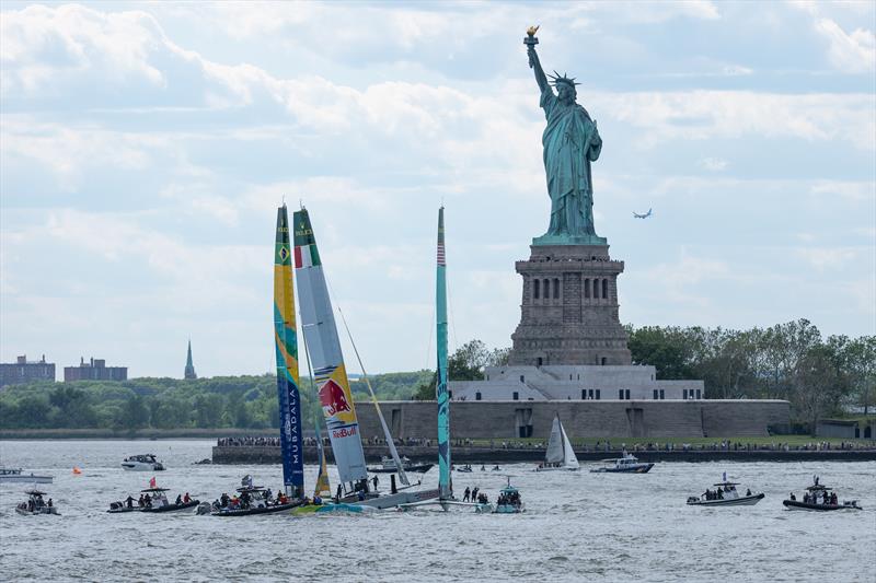 Collision between Red Bull Italy SailGP Team, Mubadala Brazil SailGP Team and United States SailGP Team during the third race on Race Day 2 of the Mubadala New York Sail Grand Prix - photo © Jason Ludlow for SailGP