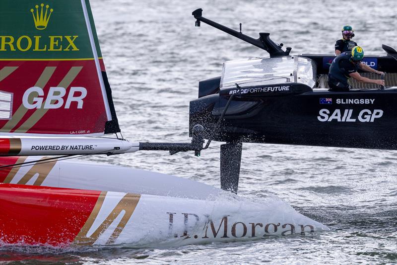 BONDS Flying Roos SailGP Team driven by Tom Slingsby and Emirates Great Britain SailGP Team driven by Dylan Fletcher run close as the head to the finishing line on Race Day 2 of the Mubadala New York Sail Grand Prix - photo © Katelyn Mulcahy for SailGP