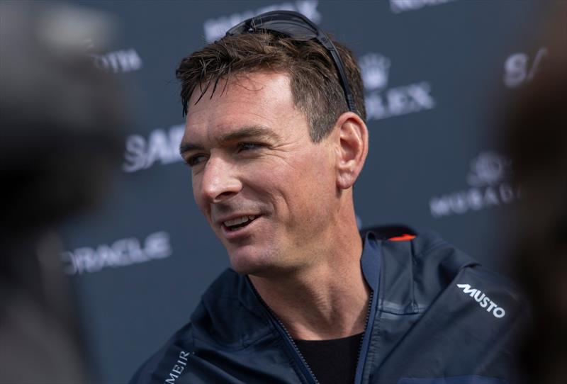 Dylan Fletcher, driver of Emirates Great Britain SailGP Team, speaks to media in the Mixed Zone on Race Day 1 of the Canada Sail Grand Prix in Halifax, Canad - photo © Jed Jacobsohn for SailGP