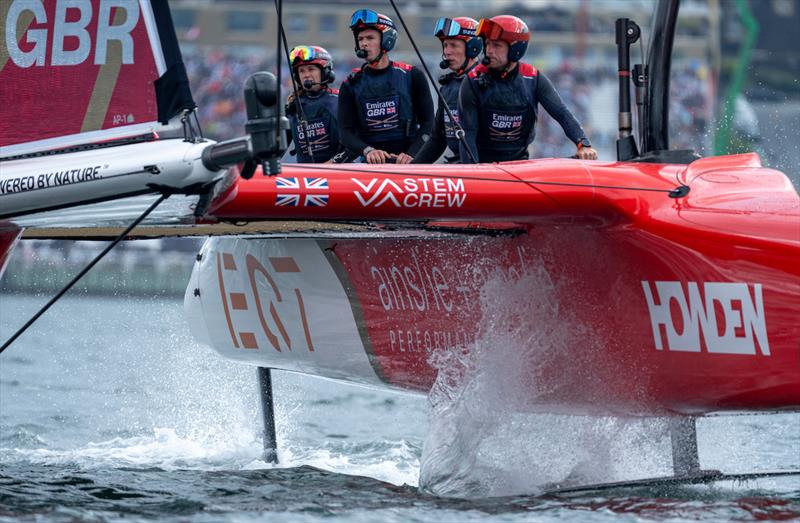 Dylan Fletcher, driver of Emirates Great Britain SailGP Team, controls the wheel of the F50 catamaran whilst in action on Race Day 1 of the Canada Sail Grand Prix in Halifax, Canada - photo © Jason Ludlow for SailGP