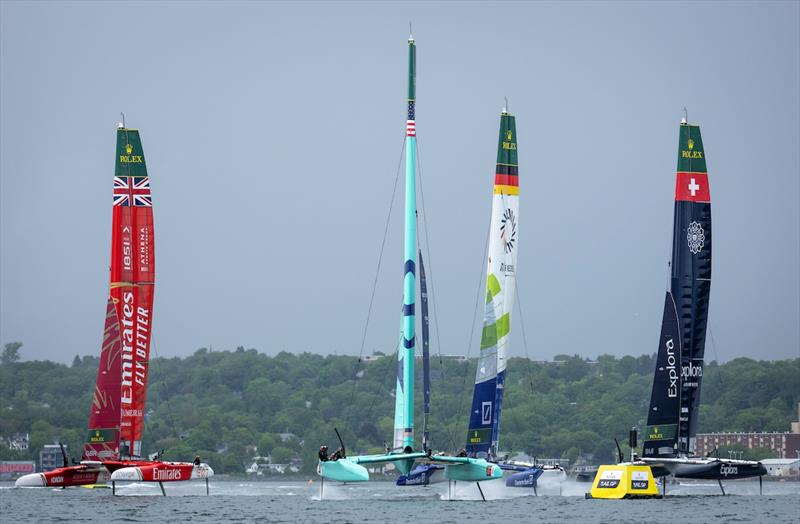 Emirates Great Britain SailGP Team leads United States SailGP Team, Germany SailGP Team presented by Deutsche Bank and Explora Journeys Swiss SailGP Team on Race Day 1 of the Canada Sail Grand Prix in Halifax, Canada - photo © Jonathan Nackstrand for SailGP
