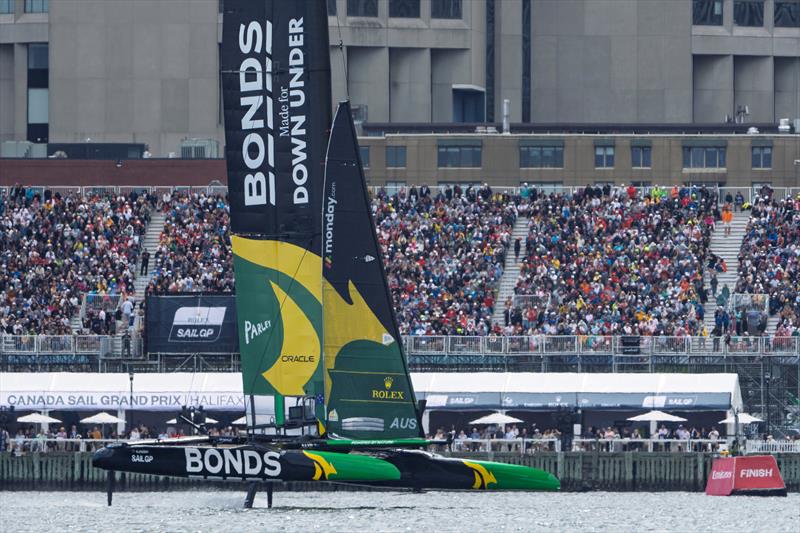 BONDS Flying Roos SailGP Team driven by Tom Slingsby cross the finish line on Race Day 1 of the Canada Sail Grand Prix in Halifax, Canada photo copyright Jason Ludlow for SailGP taken at  and featuring the F50 class