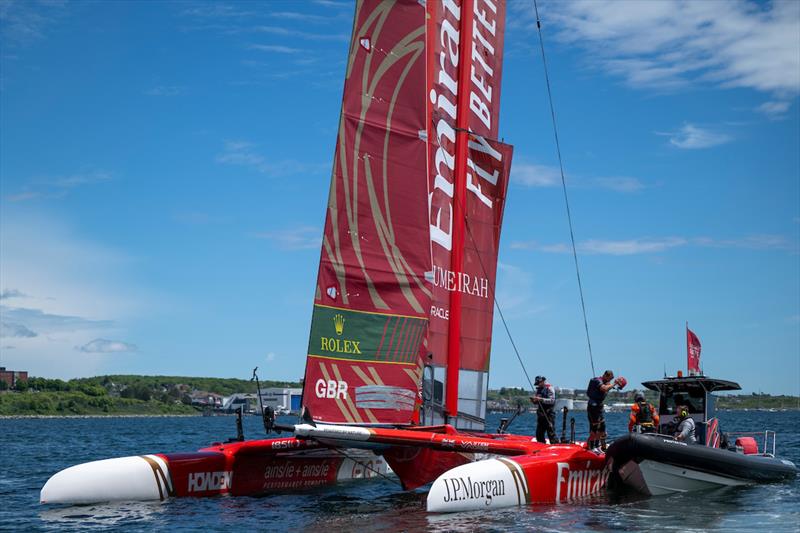 The Emirates Great Britain SailGP Team F50 catamaran is damaged following an incident on Race Day 2 of the Canada Sail Grand Prix in Halifax, Canada photo copyright Ricardo Pinto for SailGP taken at  and featuring the F50 class