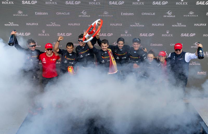 Los Gallos SailGP Team celebrate on stage with Barons De Rothschild Champagne after winning the final race on Race Day 2 of the Canada Sail Grand Prix in Halifax, Canada photo copyright Jed Jacobsohn for SailGP taken at  and featuring the F50 class
