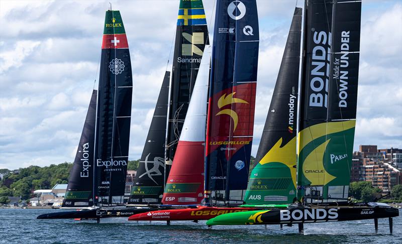 Explora Journeys Swiss SailGP Team leads Artemis SailGP Team, Los Gallos SailGP Team and BONDS Flying Roos SailGP Team on Race Day 2 of the Canada Sail Grand Prix in Halifax, Canada photo copyright Samo Vidic for SailGP taken at  and featuring the F50 class