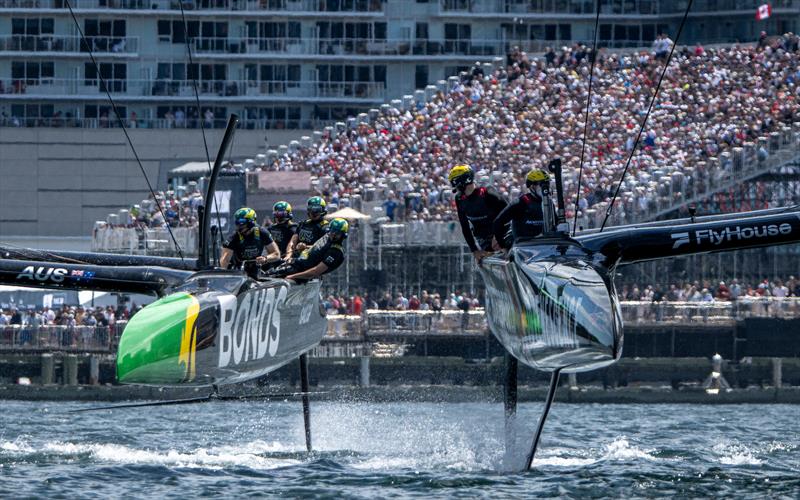 BONDS Flying Roos SailGP Team driven by Tom Slingsby races alongside NORTHSTAR SailGP Team driven by Giles Scott on Race Day 2 of the Canada Sail Grand Prix in Halifax, Canada photo copyright Ricardo Pinto for SailGP taken at  and featuring the F50 class