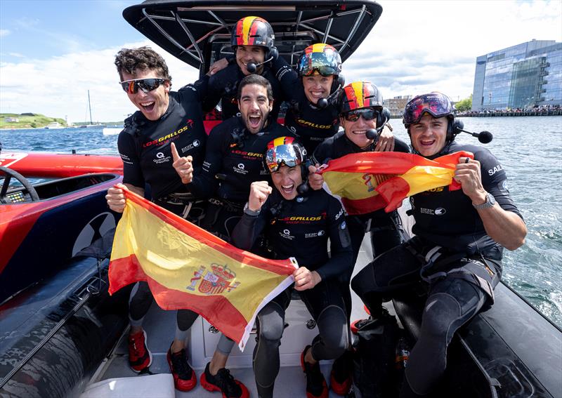 Los Gallos SailGP Team celebrate onboard a support boat after victory in the final race of the event on Race Day 2 of the Canada Sail Grand Prix in Halifax, Canada photo copyright Ricardo Pinto for SailGP taken at  and featuring the F50 class