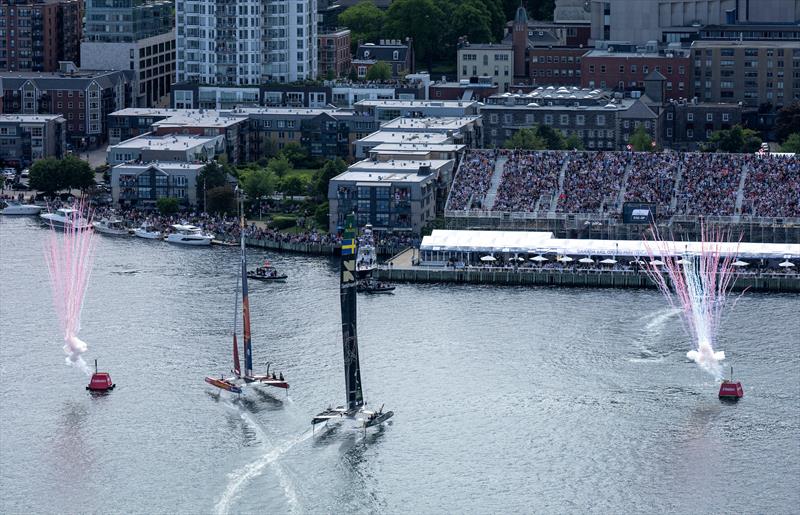 Los Gallos SailGP Team driven by Diego Botin crosses the finish line to win the final race on Race Day 2 of the Canada Sail Grand Prix in Halifax, Canada photo copyright Jonathan Nackstrand for SailGP taken at  and featuring the F50 class