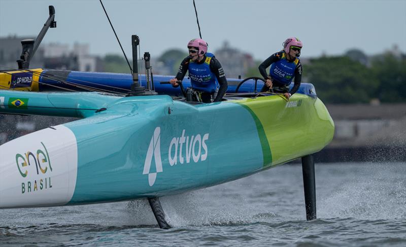 Martine Grael, driver of Mubadala Brazil SailGP Team, runs across the F50 catamaran on Race Day 2 of the Mubadala New York Sail Grand Prix - photo © Ricardo Pinto for SailGP