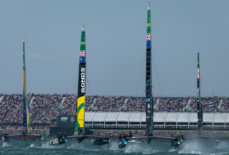 Mubadala Brazil SailGP Team, BONDS Flying Roos SailGP Team, Black Foils SailGP Team and NORTHSTAR SailGP Team race towards the grandstand on Race Day 1 of the Emirates Great Britain Sail Grand Prix in Portsmouth, United Kingdom - photo © Felix Diemer for SailGP
