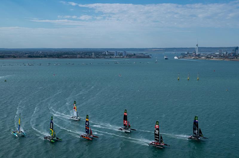 Black Foils SailGP Team leads the SailGP F50 catamaran fleet on Race Day 1 of the Emirates Great Britain Sail Grand Prix in Portsmouth, United Kingdom - photo © Ricardo Pinto for SailGP