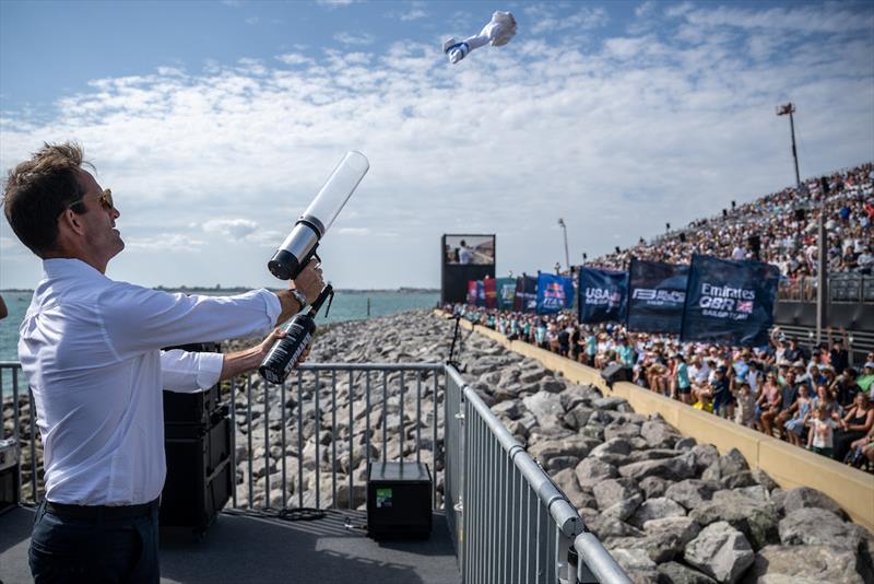 Emirates GBR CEO Sir Ben Ainslie fires a t-shirt cannon into the crowd - Race Day 1 of the Emirates Great Britain Sail Grand Prix in Portsmouth, United Kingdom - photo © Gary Oakley for SailGP