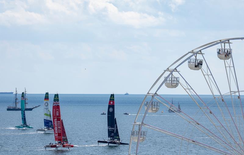 Explora Journeys Swiss SailGP Team leads Emirates Great Britain SailGP Team, Germany SailGP Team presented by Deutsche Bank and United States SailGP Team during a practice session ahead of the ROCKWOOL Germany Sail Grand Prix - photo © Andrew Baker for SailGP
