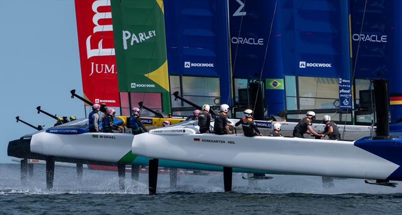 Close racing between Germany SailGP Team presented by Deutsche Bank, Mubadala Brazil SailGP Team, BONDS Flying Roos SailGP Team and Emirates Great Britain SailGP Team during a practice session ahead of the ROCKWOOL Germany Sail Grand Prix - photo © Jason Ludlow for SailGP
