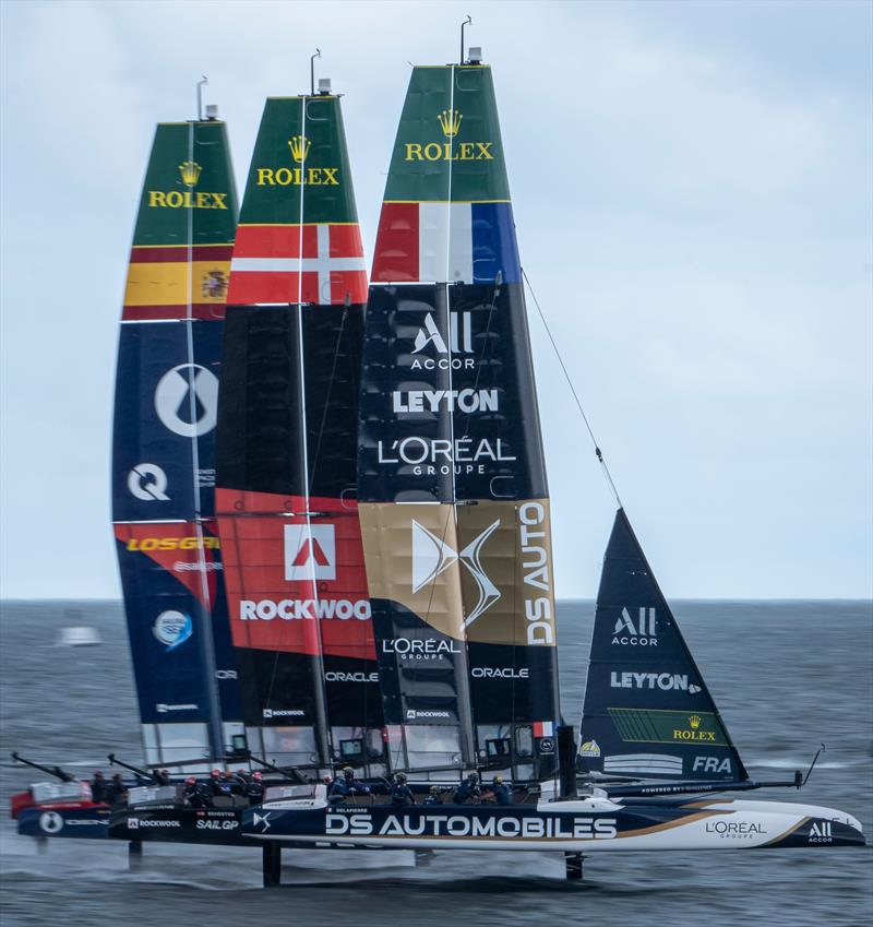 DS Automobiles SailGP Team France driven by Quentin Delapierre races alongside ROCKWOOL Racing SailGP Team driven by Nicolai Sehested and Los Gallos SailGP Team driven by Diego Botin on Race Day 1 of the ROCKWOOL Germany Sail Grand Prix - photo © Jason Ludlow for SailGP