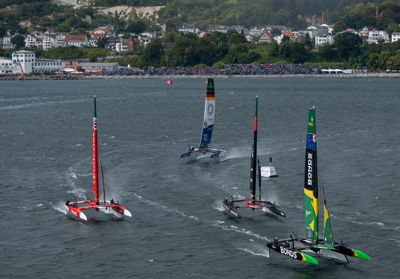 BONDS Flying Roos SailGP Team leads NORTHSTAR SailGP Team, Emirates Great Britain SailGP Team and Germany SailGP Team presented by Deutsche Bank on Race Day 2 of the ROCKWOOL Germany Sail Grand Prix - photo © Felix Diemer for SailGP