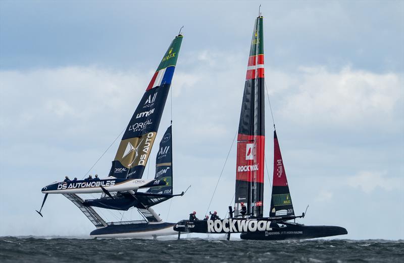 DS Automobiles SailGP Team France driven by Quentin Delapierre prevent a near capsize as the race closely behind ROCKWOOL Racing SailGP Team driven by Nicolai Sehested on Race Day 2 of the ROCKWOOL Germany Sail Grand Prix - photo © Jonathan Nackstrand for SailGP