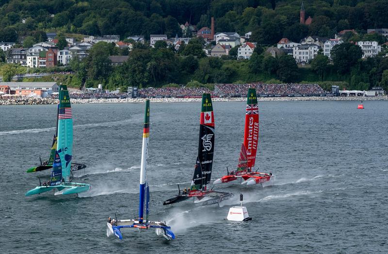 Germany SailGP Team presented by Deutsche Bank leads United States SailGP Team driven, NORTHSTAR SailGP Team, BONDS Flying Roos SailGP Team and Emirates Great Britain SailGP Team on Race Day 1 of the ROCKWOOL Germany Sail Grand Prix photo copyright Ricardo Pinto for SailGP taken at  and featuring the F50 class