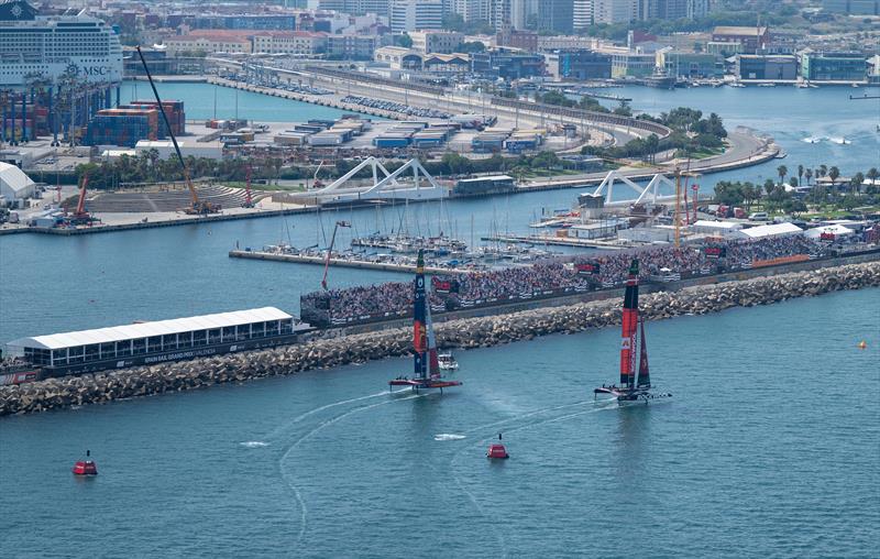 Los Gallos SailGP Team driven by Diego Botin and ROCKWOOL Racing SailGP Team driven by Nicolai Sehested in action by the Grandstand on Race Day 1 of the Spain Sail Grand Prix in Valencia, Spain - photo © Ricardo Pinto for SailGP