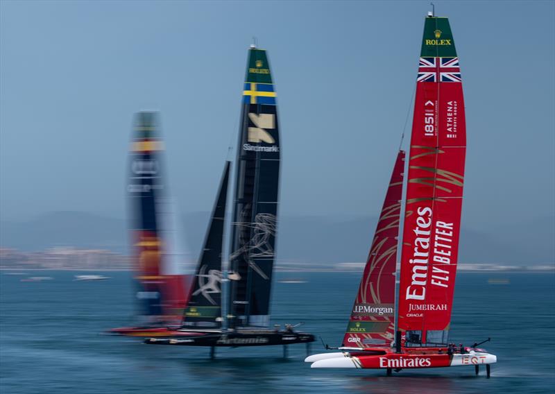 Emirates Great Britain SailGP Team driven by Dylan Fletcher in action alongside Artemis SailGP Team on Race Day 1 of the Spain Sail Grand Prix in Valencia, Spain - photo © Jason Ludlow for SailGP