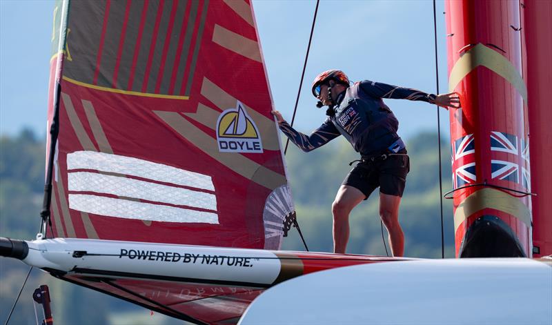 Luke Parkinson, flight controller of Emirates Great Britain SailGP Team, crosses the boat during a manoeuvre on Race Day 1 of the Switzerland Sail Grand Prix in Geneva, Switzerland - photo © Jason Ludlow for SailGP