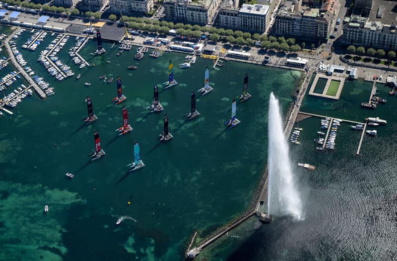 Aerial view looking over the SailGP fleet on their moorings outside the technical area and the Jet d'Eau on Race Day 1 of the Switzerland Sail Grand Prix in Geneva, Switzerland - photo © Ricardo Pinto for SailGP
