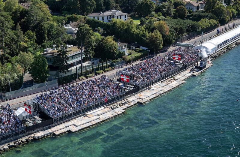 Aerial view as spectators fill the grandstand in the race stadium on Race Day 1 of the Switzerland Sail Grand Prix in Geneva, Switzerland - photo © Ricardo Pinto for SailGP