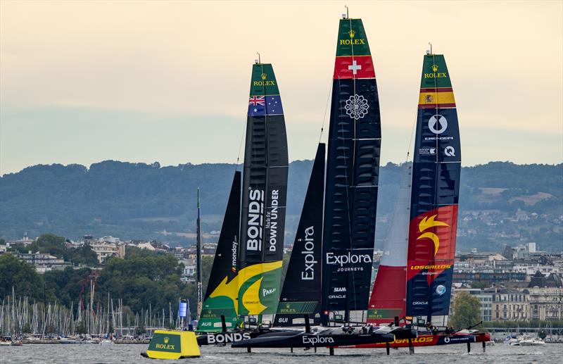 BONDS Flying Roos SailGP Team ahead of Explora Journeys Swiss SailGP Team and Los Gallos SailGP Team during racing on Race Day 2 of the Switzerland Sail Grand Prix in Geneva, Switzerland - photo © Ricardo Pinto for SailGP