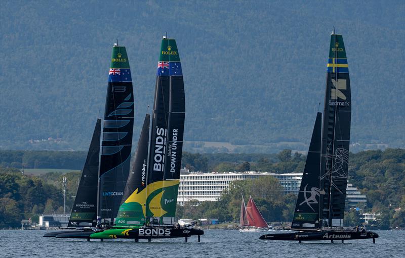 Black Foils SailGP Team driven by Peter Burling ahead of BONDS Flying Roos SailGP Team ahead of Artemis SailGP Team during practice sailing on Race Day 2 of the Switzerland Sail Grand Prix in Geneva, Switzerland - photo © Jason Ludlow for SailGP
