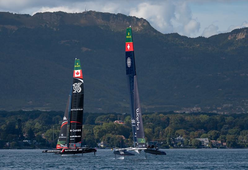 NORTHSTAR SailGP Team driven by Giles Scott and Explora Journeys Swiss SailGP Team driven by Sebastien Schneiter during a practice session ahead of the Switzerland Sail Grand Prix in Geneva, Switzerland - photo © Jason Ludlow for SailGP