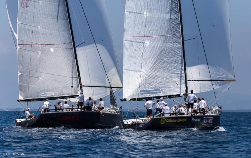 Struntje Light, the German boat owned by Wolfgang Schaefer, sails in close proximity to Pazza Idea. Skipper Pierluigi Bresciani led Pazza Idea to the Corinthian title photo copyright Farr 40 / ZGN taken at Yacht Club Gaeta and featuring the Farr 40 class