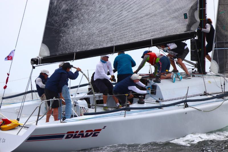 Crew members aboard Blade perform a sail change at a mark rounding on Thursday. Owner-driver Mick Shlens sailed Blade to three Top 5 finishes on Thursday photo copyright Farr 40 Class / Joy Sailing taken at Long Beach Yacht Club and featuring the Farr 40 class