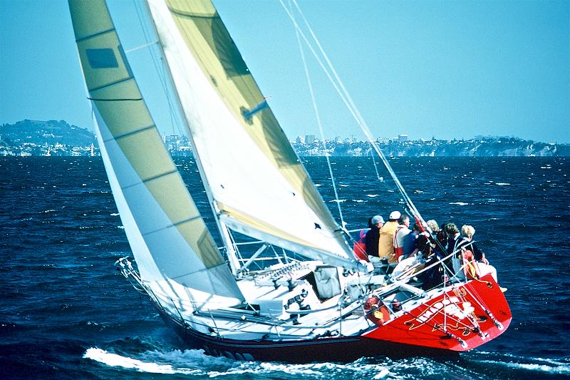 Mike Clark at the starboard quarter, talking to helmsman Graeme Woodroffe, as Exador leads the fleet into the Rangitoto Channel - New Zealand Admirals Cup Trials in 1985 photo copyright Peter Montgomery taken at Royal New Zealand Yacht Squadron and featuring the Farr 40 class