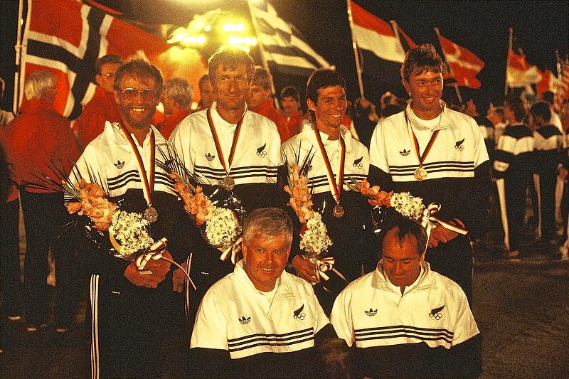 1988 Olympic medalists - Chris Timms, Rex Sellers, Bruce Kendall and John Cutler, with Mike Clark left front and coach Harold Bennett (right front) photo copyright Peter Montgomery taken at Royal New Zealand Yacht Squadron and featuring the Farr 40 class