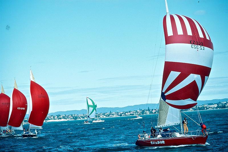 Exador leads the other New Zealand trialists -  Mike Clark looking aft in blue and white hoops  - New Zealand Admirals Cup Trials in 1985 photo copyright Peter Montgomery taken at Royal New Zealand Yacht Squadron and featuring the Farr 40 class