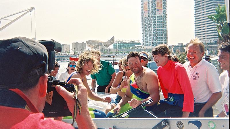 Barcelona 1992 - Medalists - Jan Shearer (W470 Silver), Barbara Kendall (obscured)(Windsurfer) Gold, Craig Monk (Finn) Bronze and Leslie Egnot (W470) Silver - photo © Peter Montgomery