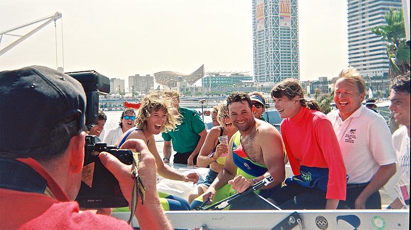 Barcelona 1992 - Medalists - Jan Shearer (W470 Silver), Barbara Kendall (obscured)(Windsurfer) Gold, Craig Monk (Finn) Bronze and Leslie Egnot (W470) Silver photo copyright Peter Montgomery taken at Royal New Zealand Yacht Squadron and featuring the Farr 40 class