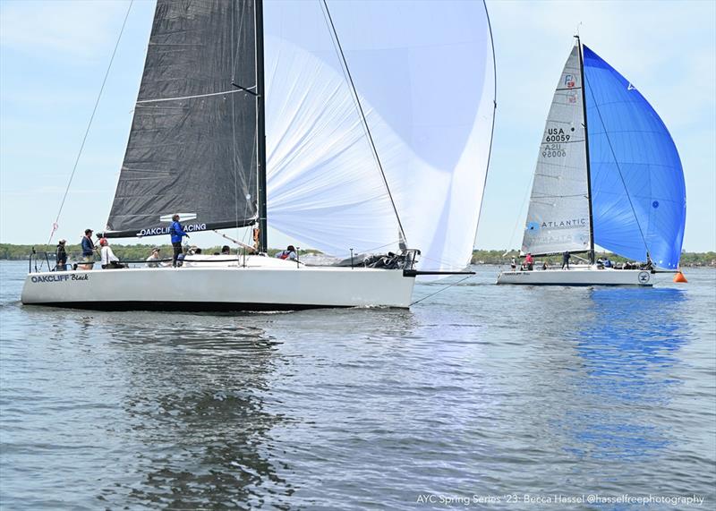 Farr 40 Blue and Black Neck and Neck the finish of AYC Spring Series photo copyright Hassle Free Photography taken at American Yacht Club, New York and featuring the Farr 40 class