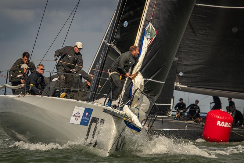 Peter Morton's Girls on Film came out with all guns blazing to win the first race on day 2 of the 2018 Wight Shipyard One Ton Cup photo copyright VR Sport Media taken at Royal Ocean Racing Club and featuring the Fast 40 class
