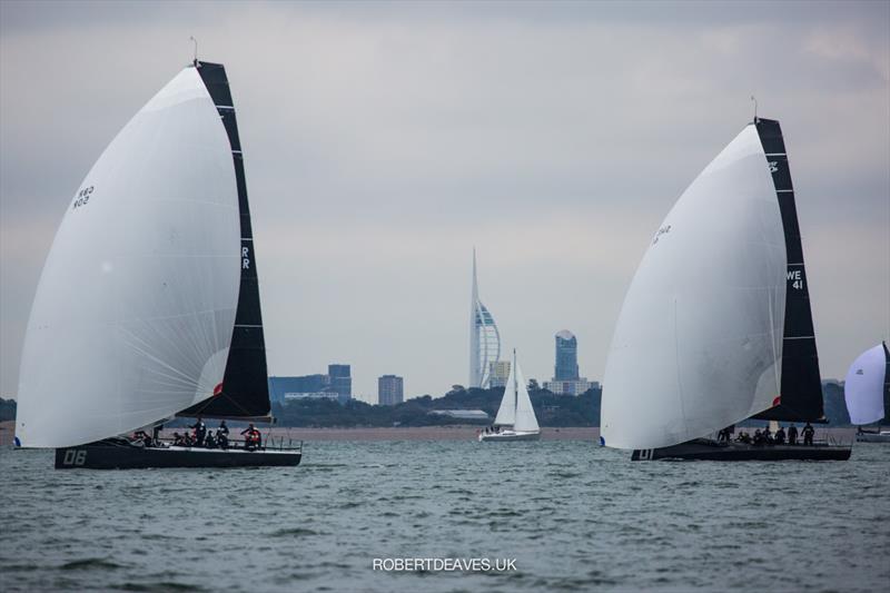 Jean Genie leads Rán - Day 2 of Fast 40  Race Circuit Round 2 at 2021 IRC National Championships photo copyright Robert Deaves taken at Royal Ocean Racing Club and featuring the Fast 40 class